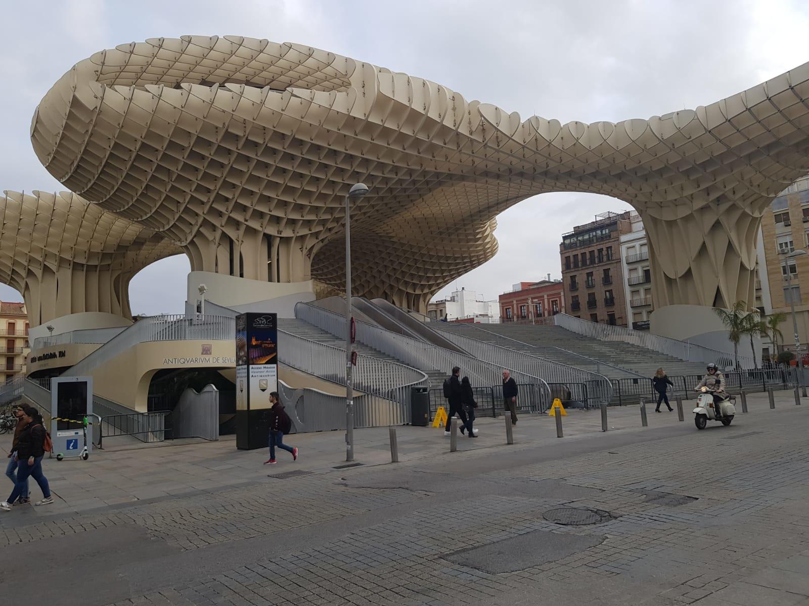 Modern wooden structure with curves and lattice design in urban setting.