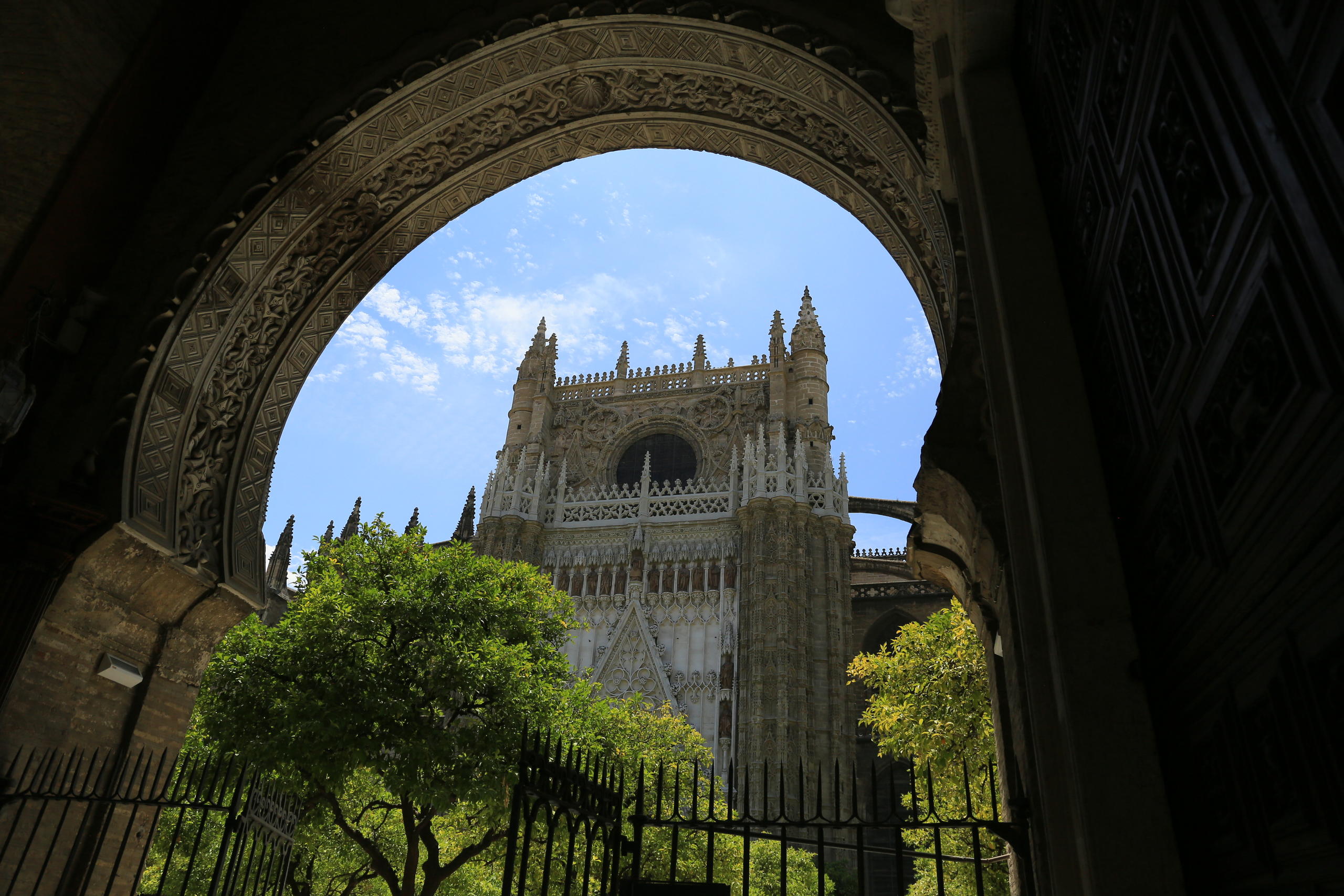 View of a Gothic cathedral through an ornate arch with trees below.