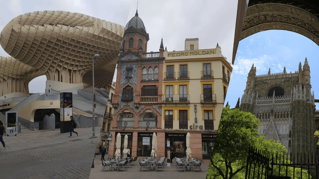 Composite image of Metropol Parasol, a cafe-lined street, and a cathedral.